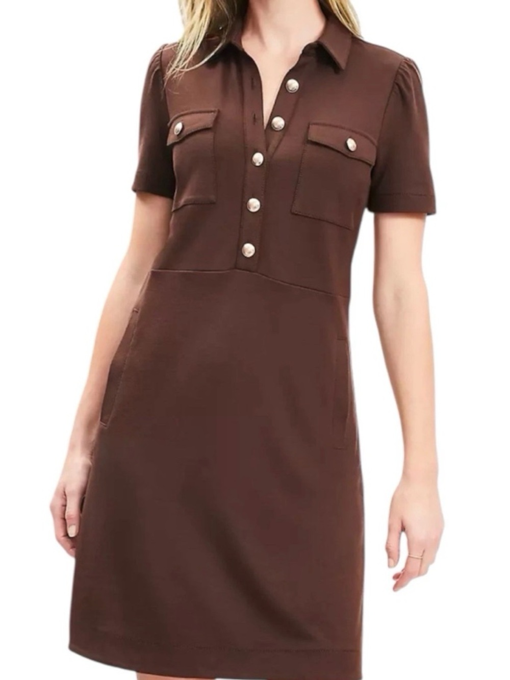 LOFT Chocolate Brown Short-Sleeve Polo Dress with Button Placket